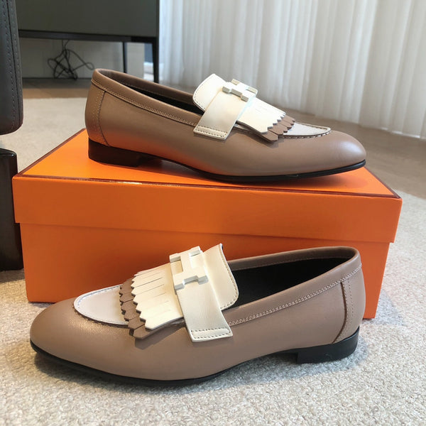 Royal Loafer Brown Mix White Calfskin With Fringe Detail And White Signature Buckle 509411