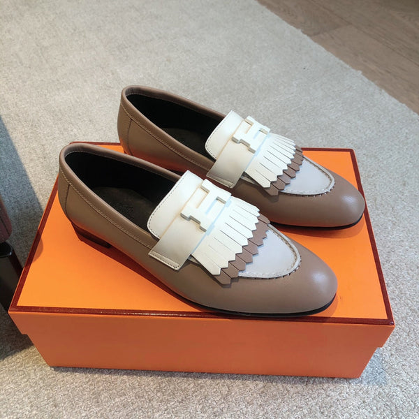 Royal Loafer Brown Mix White Calfskin With Fringe Detail And White Signature Buckle 509411