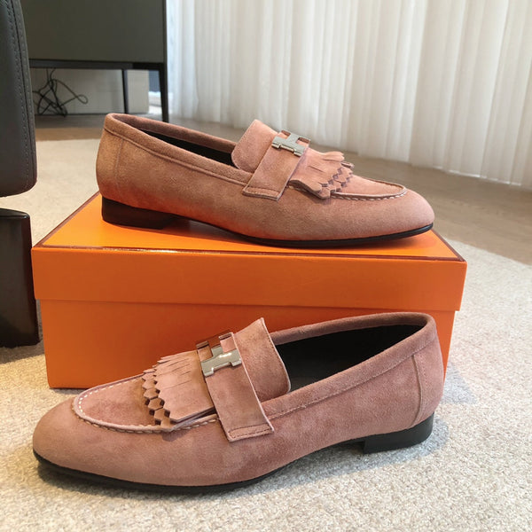 Royal Loafer Pink Suede Calfskin With Fringe Detail And Silver Signature Buckle 509432