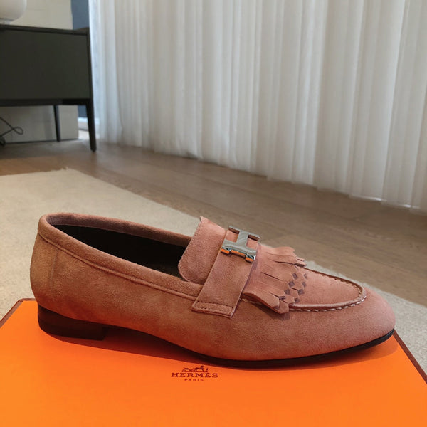 Royal Loafer Pink Suede Calfskin With Fringe Detail And Silver Signature Buckle 509432