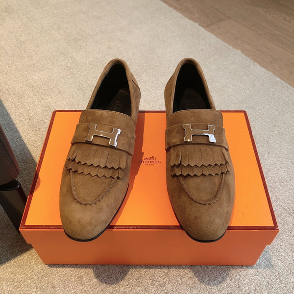 Royal Loafer Brown Suede Calfskin With Fringe Detail And Brown Silver Signature Buckle 509433