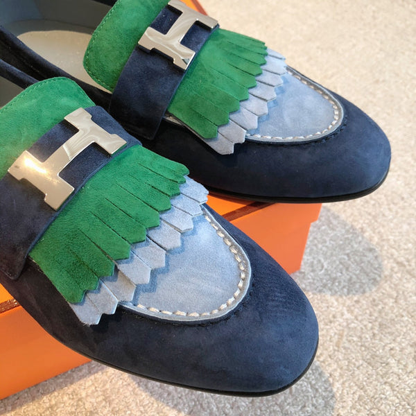 Royal Loafer Blue Mix Gren and Baby Blue Suede Calfskin With Fringe Detail And Silver Signature Buckle 509434