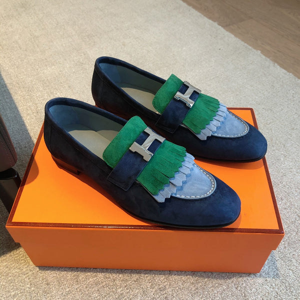 Royal Loafer Blue Mix Gren and Baby Blue Suede Calfskin With Fringe Detail And Silver Signature Buckle 509434