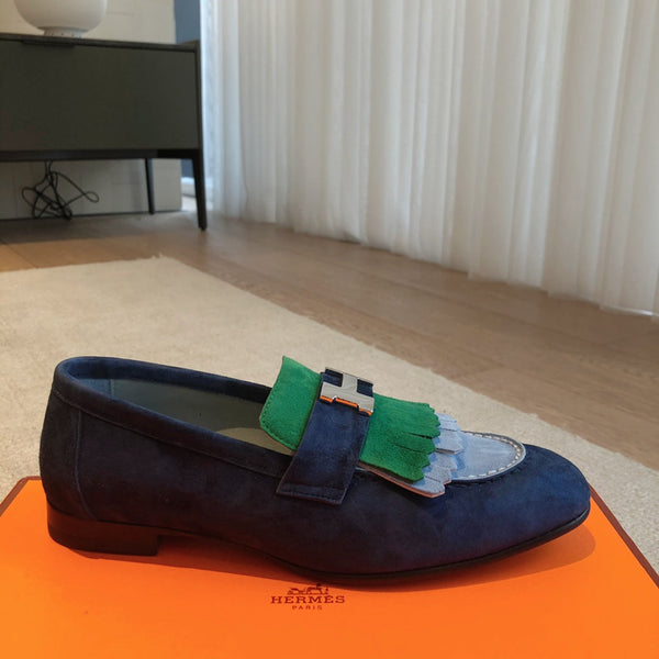 Royal Loafer Blue Mix Gren and Baby Blue Suede Calfskin With Fringe Detail And Silver Signature Buckle 509434