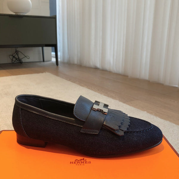 Royal Loafer Navy Blue Denim With Fringe Detail And Silver Signature Buckle 509435