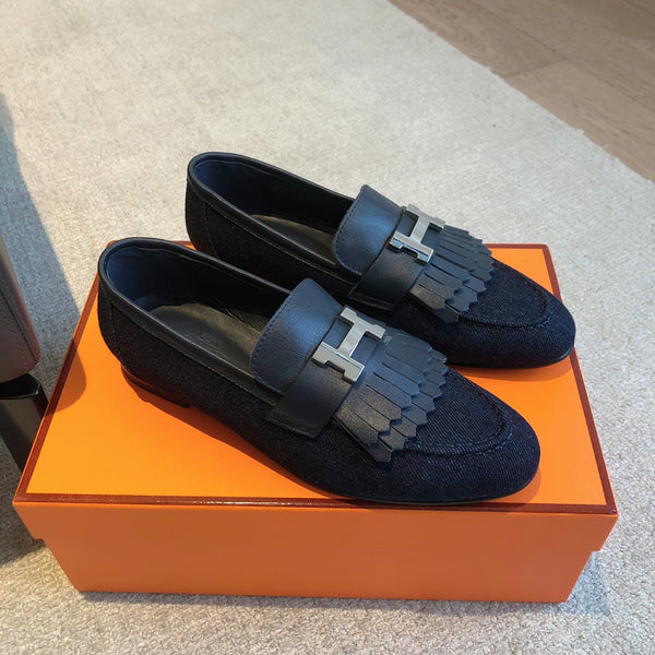 Royal Loafer Navy Blue Denim With Fringe Detail And Silver Signature Buckle 509435