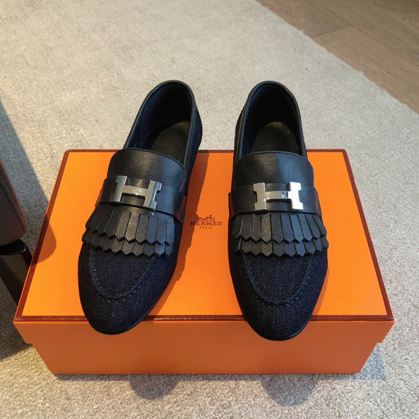 Royal Loafer Navy Blue Denim With Fringe Detail And Silver Signature Buckle 509435
