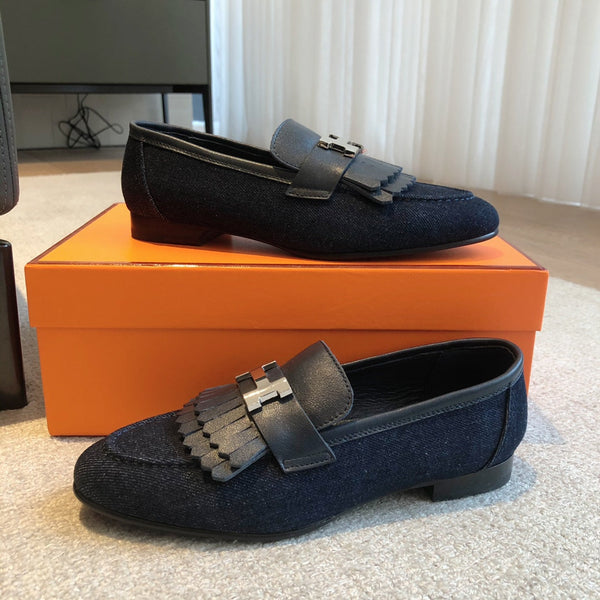 Royal Loafer Navy Blue Denim With Fringe Detail And Silver Signature Buckle 509435