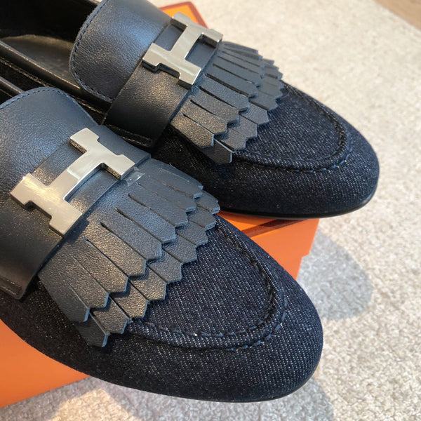 Royal Loafer Navy Blue Denim With Fringe Detail And Silver Signature Buckle 509435