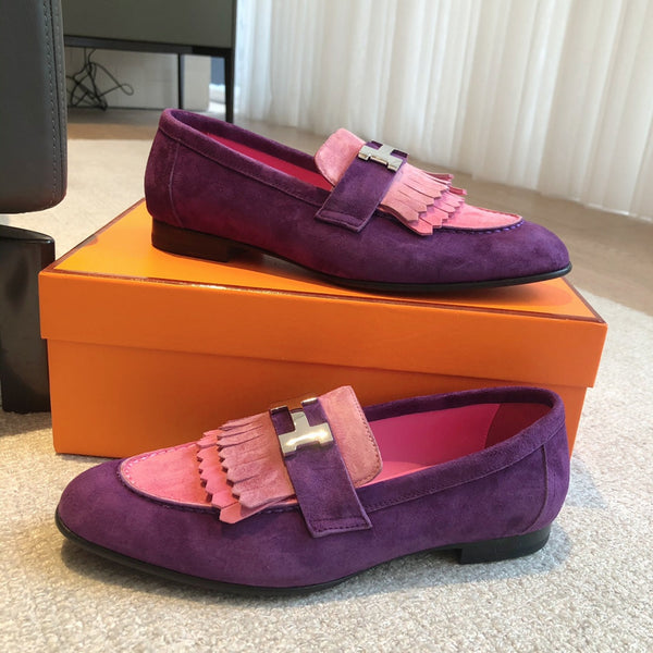 Royal Loafer Purple Mix Pink Suede Calfskin With Fringe Detail And Silver Signature Buckle 509437