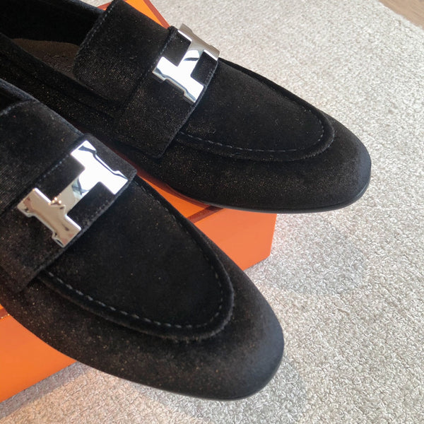 Paris Loafer Black Velvet Fabric With Silver Signature Buckle 509395