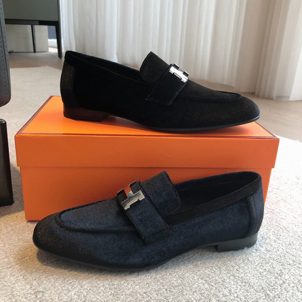 Paris Loafer Black Velvet Fabric With Silver Signature Buckle 509395