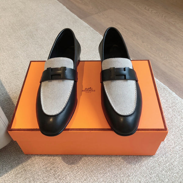 Paris Loafer Grey Canvas and Black Calfskin With Signature Buckle 734379