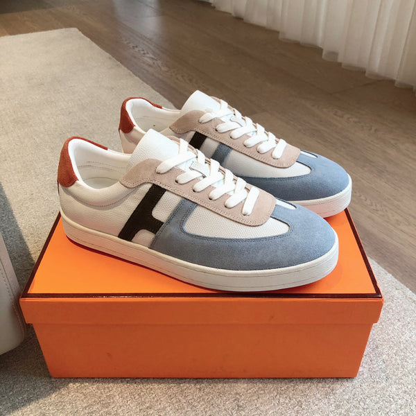 SNEAKER HM BOOMERANG IN CAMOSCIO PIETRA E PELLE DI VITELLO BIANCA