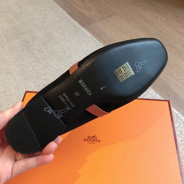 HM OZ Mule Denim Black Brown Cowhide 756853