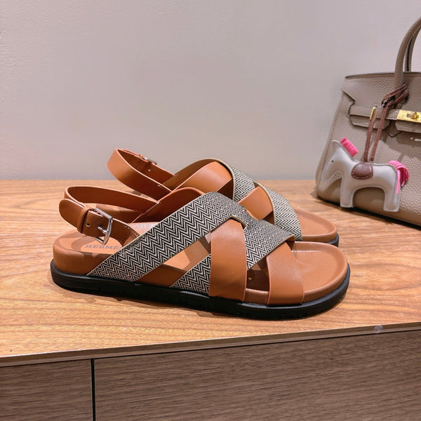 Sandalo Heracles HM 25 in pelle di vitello marrone e tela grigio scuro