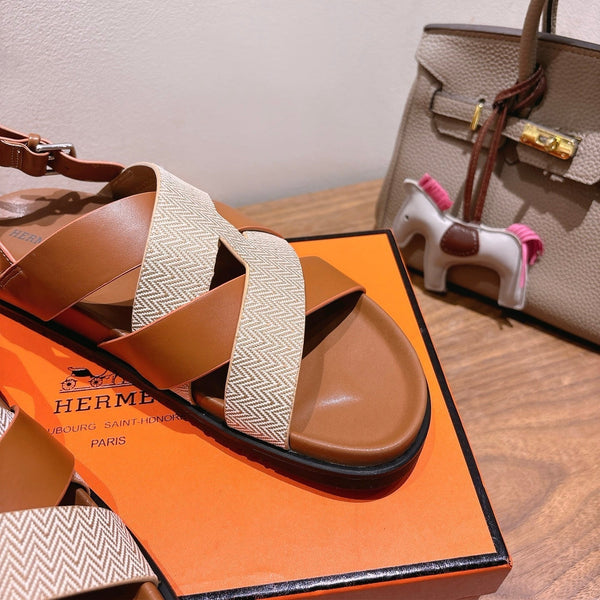 Sandalo Heracles HM 25 in pelle di vitello marrone e tela rosa chiaro