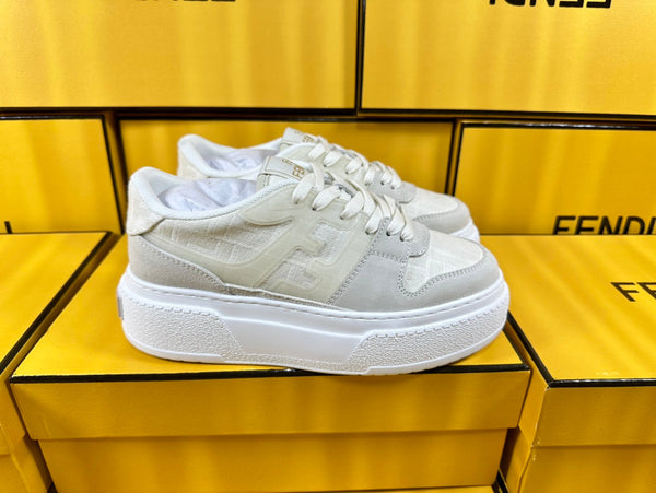 FENDI THICK-SOLDED SNEAKER IN WHITE SUEDE AND MONOGRAM FABRIC