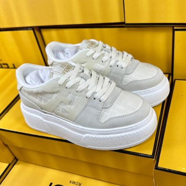 FENDI THICK-SOLDED SNEAKER IN WHITE SUEDE AND MONOGRAM FABRIC