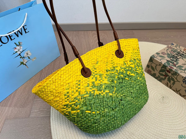 LOE SMALL ANAGRAM BASKET 28 BAG IN YELLOW MIX GREEN IRACA PALM AND CALFSKIN