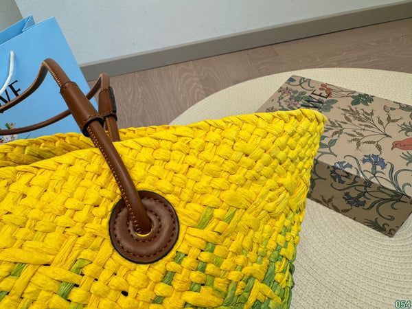 LOE SMALL ANAGRAM BASKET 28 BAG IN YELLOW MIX GREEN IRACA PALM AND CALFSKIN