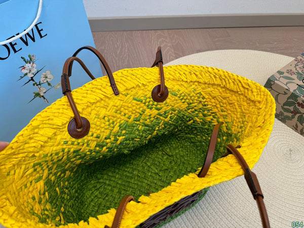 LOE SMALL ANAGRAM BASKET 28 BAG IN YELLOW MIX GREEN IRACA PALM AND CALFSKIN