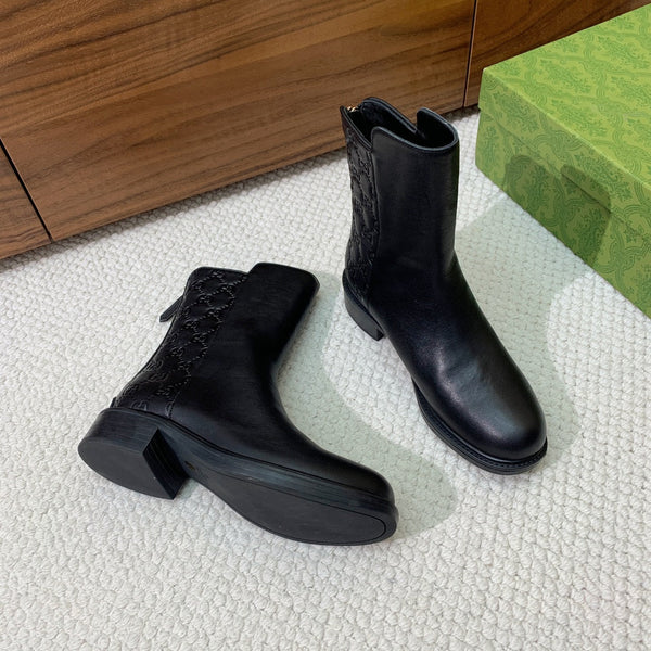 GG Riding Ankle Boots Black Monogram Embossed Cowhide 473642