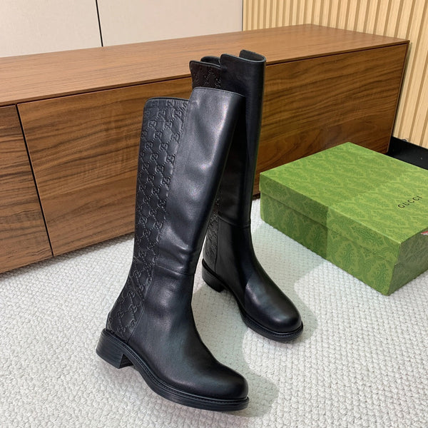 GG Riding Long Boots Black Monogram Embossed Cowhide 473643