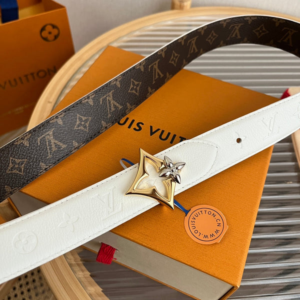 LV Flowergram 30mm Reversible Belt White Brown Empreinte Calfskin