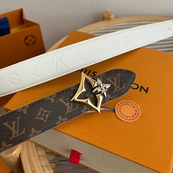 LV Flowergram 30mm Reversible Belt White Brown Empreinte Calfskin