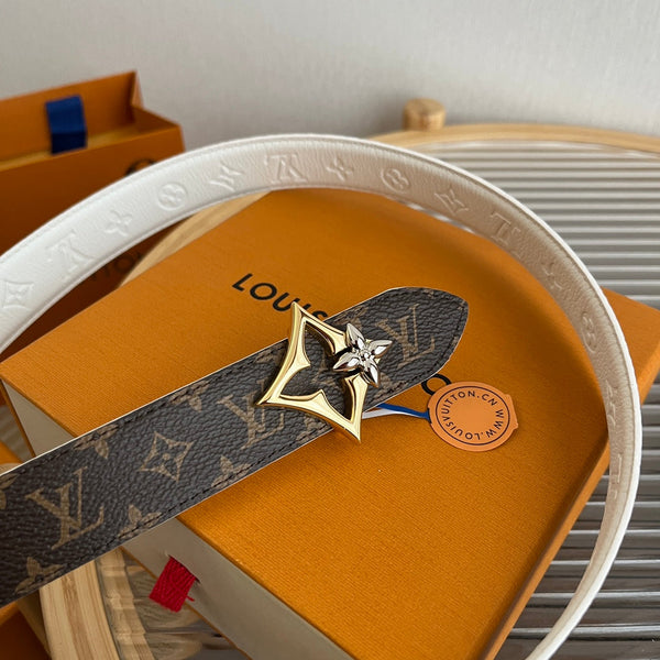 LV Flowergram 30mm Reversible Belt White Brown Empreinte Calfskin