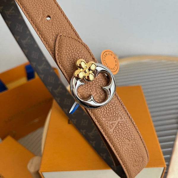 LV Flowergram Round 30mm Reversible Belt Brown Empreinte Calfskin