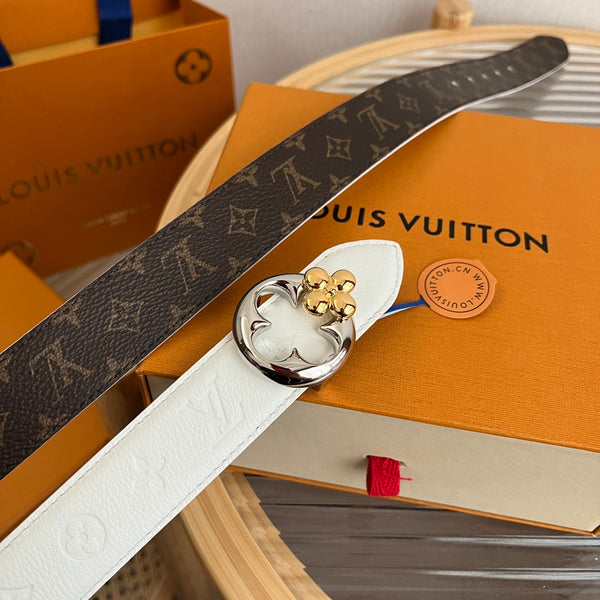 LV Flowergram Round 30mm Reversible Belt White Brown Empreinte Calfskin