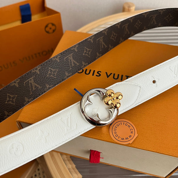 LV Flowergram Round 30mm Reversible Belt White Brown Empreinte Calfskin