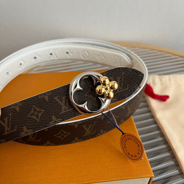 LV Flowergram Round 30mm Reversible Belt White Brown Empreinte Calfskin