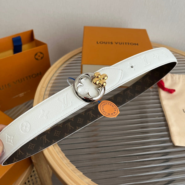LV Flowergram Round 30mm Reversible Belt White Brown Empreinte Calfskin