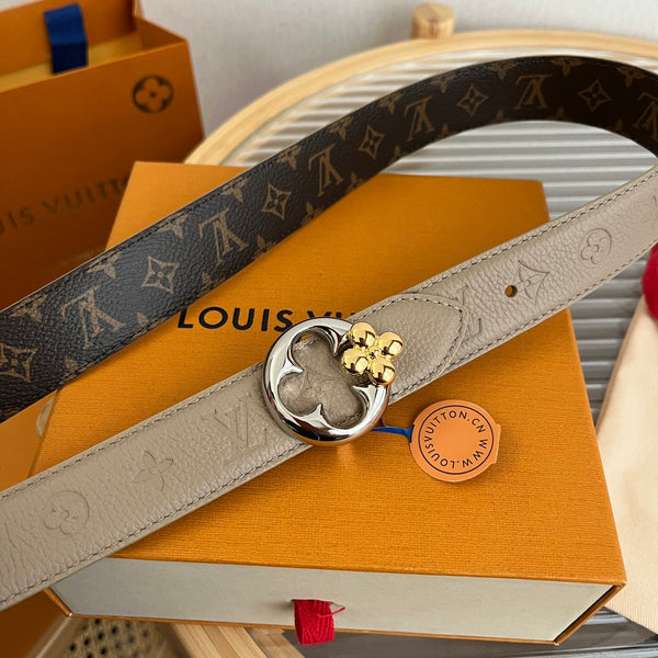 LV Flowergram Round 30mm Reversible Belt Grey Brown Empreinte Calfskin