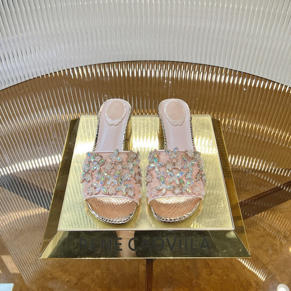 RC 25 Butterfly Flower Rhinestone Satin Sandals Pink Sheepskin 242920