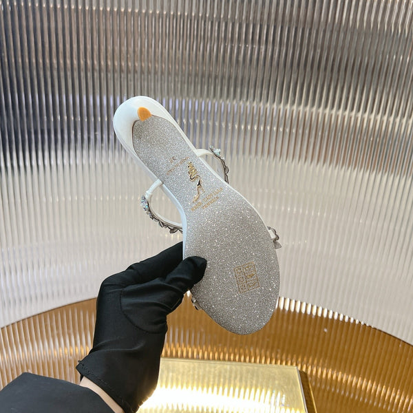 RC 25 Sandali con tacco spesso e fiori a farfalla in pelle di pecora bianca 242922