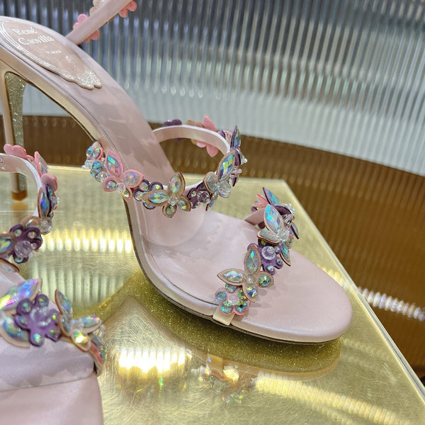 RC 25C Butterfly Flower High Heels Sandals Pink Sheepskin Rhinestone 281974