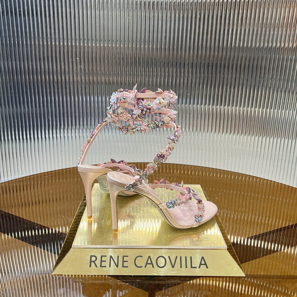 RC 25C Butterfly Flower High Heels Sandals Pink Sheepskin Rhinestone 281974