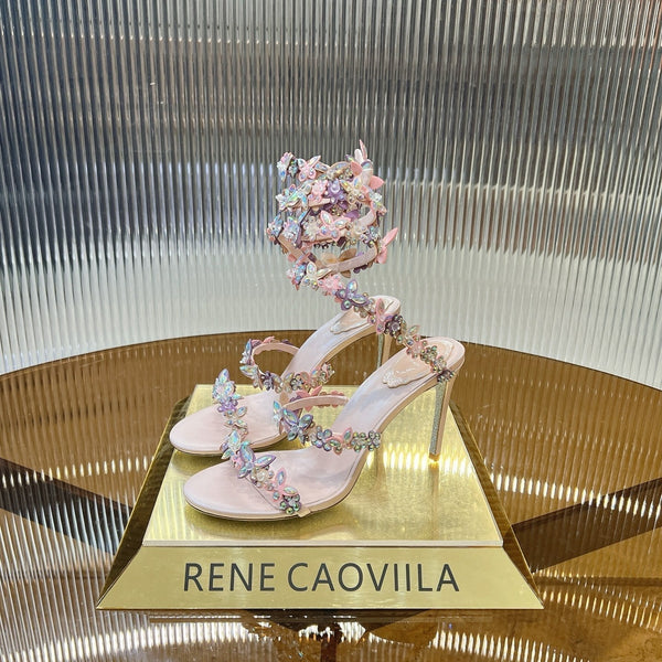 RC 25C Butterfly Flower High Heels Sandals Pink Sheepskin Rhinestone 281974