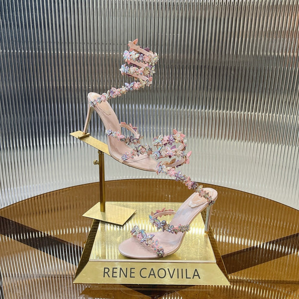 RC 25C Butterfly Flower High Heels Sandals Pink Sheepskin Rhinestone 281974