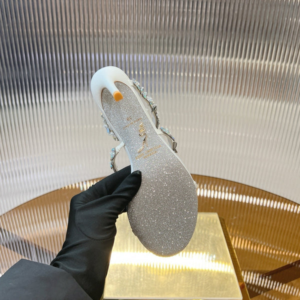 RC 25C Butterfly Flower High Heels Sandals White Sheepskin Rhinestone 281975