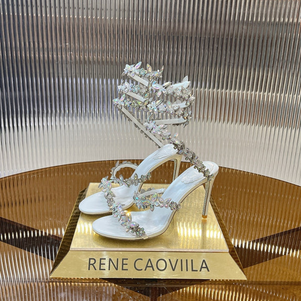 RC 25C Butterfly Flower High Heels Sandals White Sheepskin Rhinestone 281975