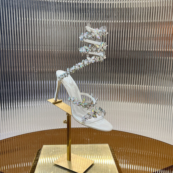 RC 25C Butterfly Flower High Heels Sandals White Sheepskin Rhinestone 281975