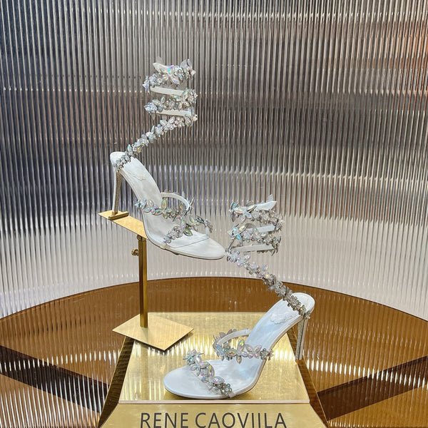 RC 25C Butterfly Flower High Heels Sandals White Sheepskin Rhinestone 281975