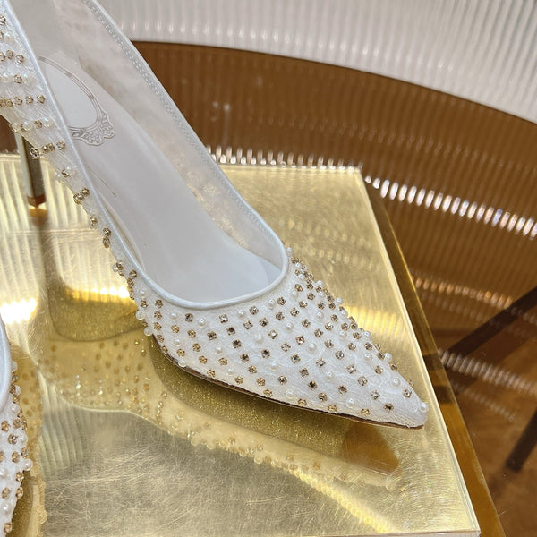 RC Scarpin Shoe 7.5cm White Rhinestone Sheepskin 281987