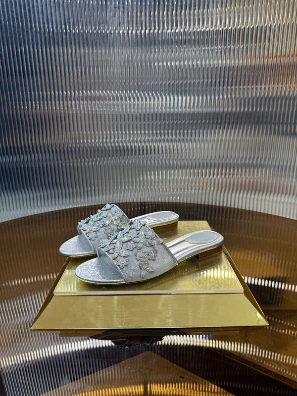 RC 25C Butterfly Flower Flat Sandals Slippers Sliver Sheepskin Rhinestone 275770