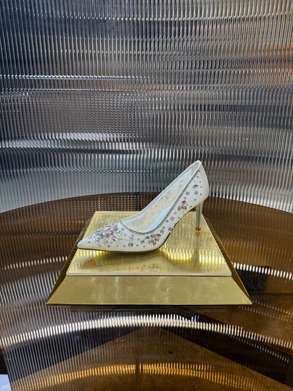 RC 25C Crystal Pearl Gem Lace High Heels White Sheepskin 275753